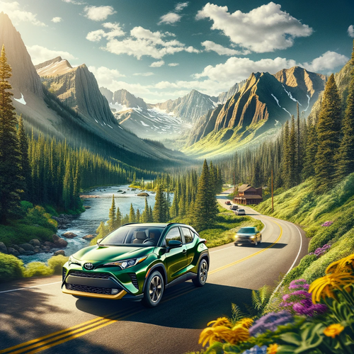 DALL·E 2024 01 17 13.51.48 First image A forest green Toyota car driving on a scenic road in Colorad.png