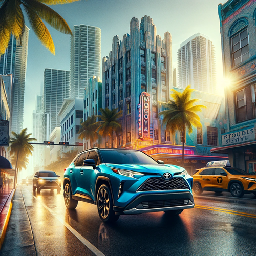 DALL·E 2024 01 17 13.49.48 First image A bright blue Toyota SUV driving through the vibrant streets .png