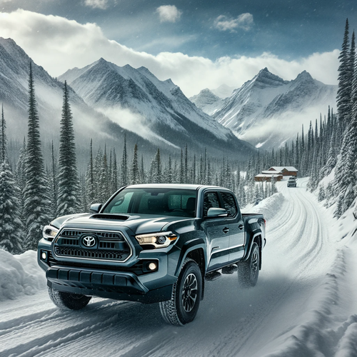 DALL·E 2024 01 17 13.58.01 First image A metallic gray Toyota Tacoma pickup truck driving on a snow .png