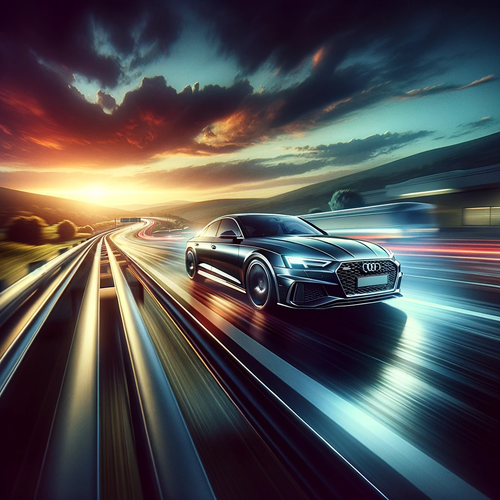DALL·E 2024 01 17 13.37.21 A dynamic scene of an Audi car racing on a highway. The Audi is sleek and.png