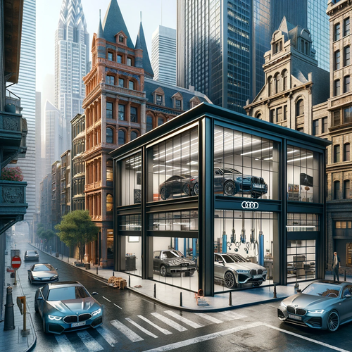 DALL·E 2024 01 17 14.25.33 First image An autobody shop for European cars in a bustling urban city e.png