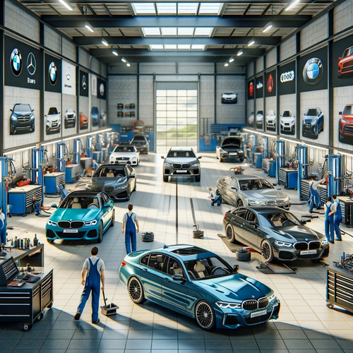 DALL·E 2024 01 17 14.21.52 An image of an autobody shop specializing in European cars. The shop is m.png