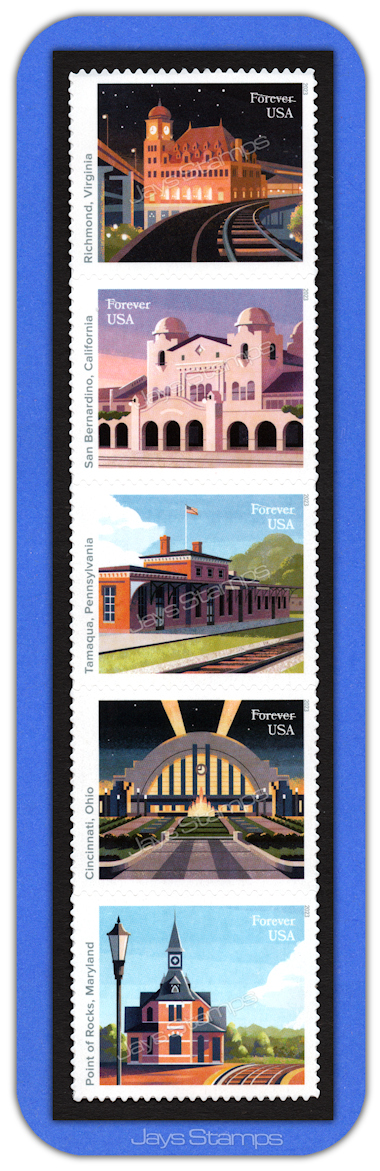 2023 HISTORIC RAILROAD STATIONS Vertical Strip of 5 MINT Forever Stamps #5758-62