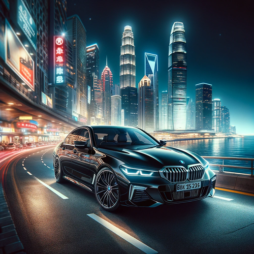 DALL·E 2024 01 17 14.19.43 Fifth image A sleek black BMW parked on a busy city street at night. The .png