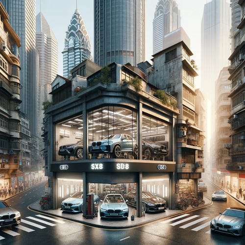 DALL·E 2024 01 17 14.25.38 First image An autobody shop for European cars in a bustling urban city e.png