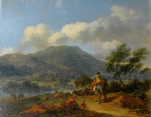 Горный пейзаж с двумя пастухами, пастушкой и стадом. 1670 75. 23х32. Корол собр Англия