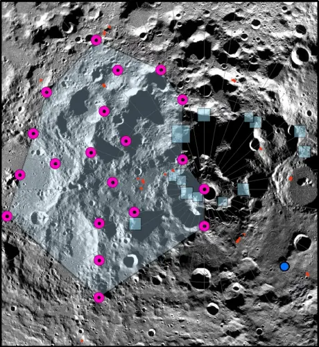 a big polygon with many magenta dots is overlayed over a photo of the lunar south pole several squar.webp