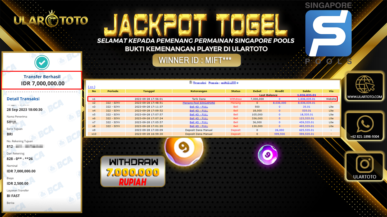 BUKTI PEMBAYARAN ULARTOTO SINGAPORE POOLS 28 SEPTEMBER 2023 Rp. 7.000.000 - LUNAS