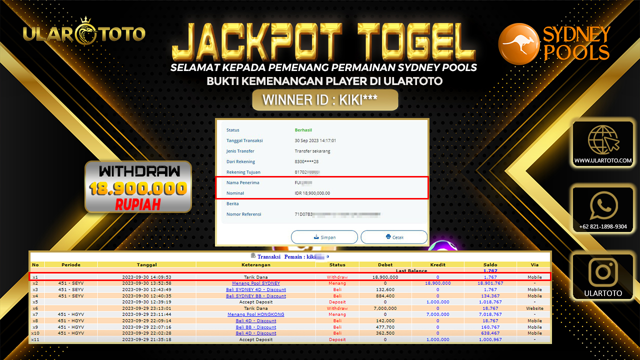 BUKTI PEMBAYARAN ULARTOTO SYDNEY POOLS 30 SEPTEMBER 2023 Rp. 18.900.000 - LUNAS