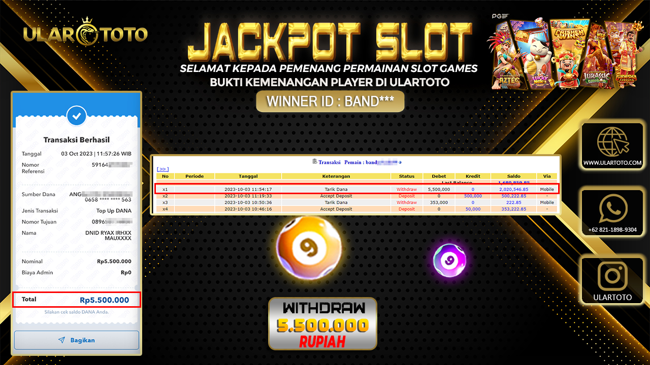BUKTI PEMBAYARAN ULARTOTO HARI INI SLOT GAMES 3 OKTOBER 2023 Rp. 5.500.000, - LUNAS