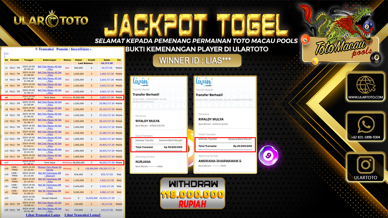 BUKTI PEMBAYARAN ULARTOTO TOTO MACAU POOLS 3 OKTOBER 2023 Rp. 118.000.000 - LUNAS