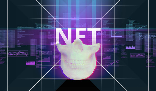 half holographic skull with inscription nft nonfungible token digital art.jpg