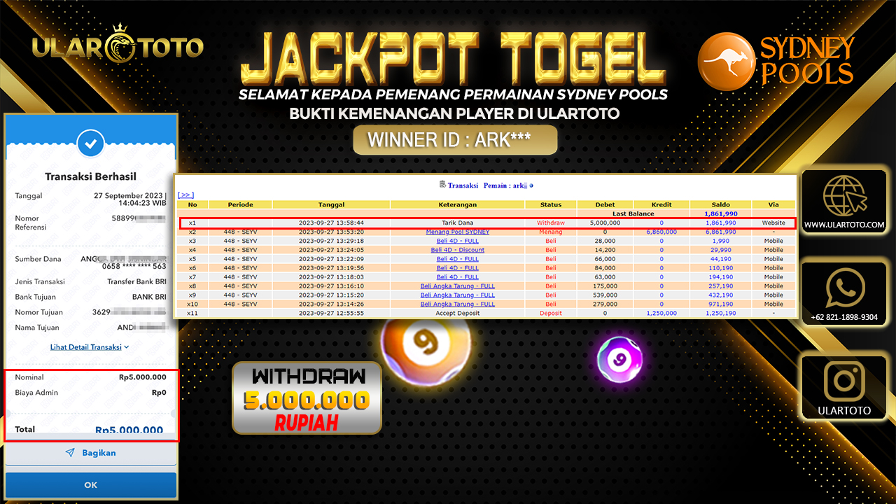 BUKTI PEMBAYARAN ULARTOTO SYDNEY POOLS 28 SEPTEMBER 2023 Rp. 5.000.000 - LUNAS