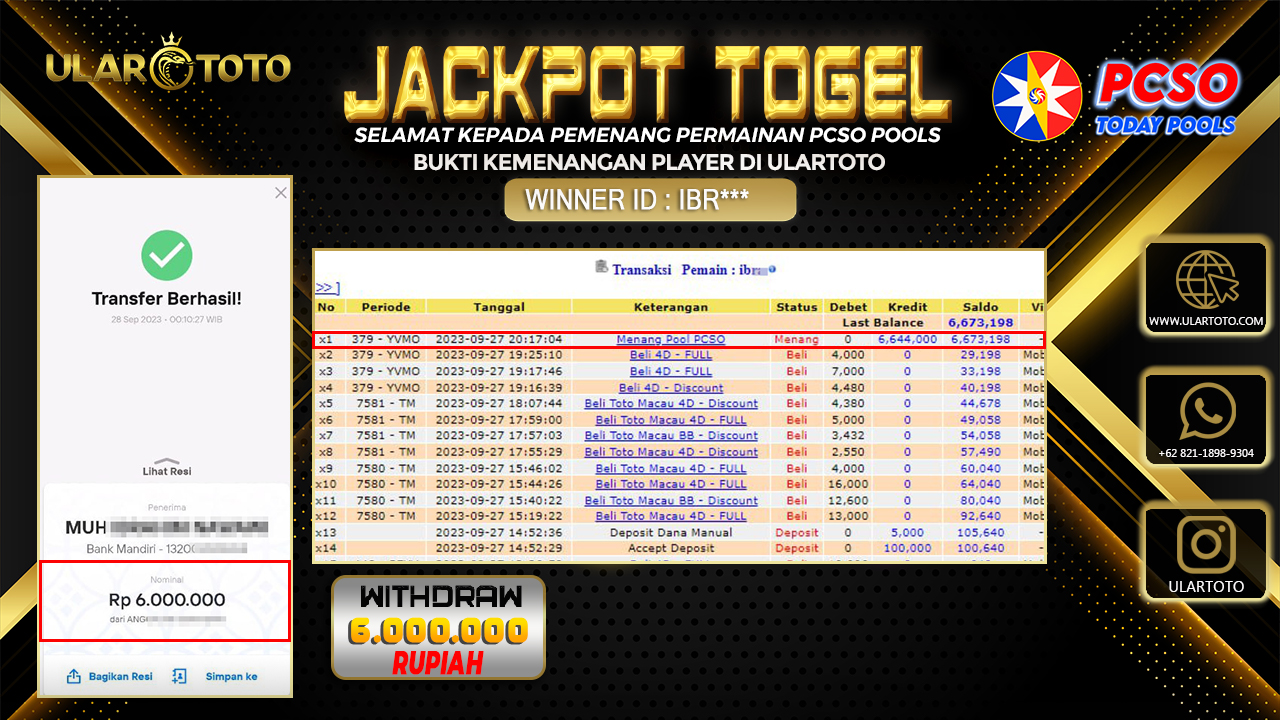 BUKTI PEMBAYARAN ULARTOTO PCSO POOLS 28 SEPTEMBER 2023 Rp. 6.000.000 - LUNAS