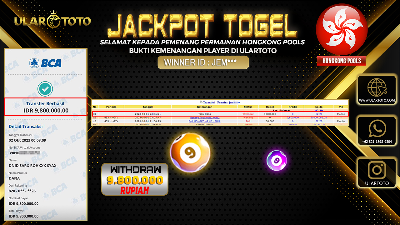 BUKTI PEMBAYARAN ULARTOTO HONGKONG POOLS 2 OKTOBER 2023 Rp. 9.800.000 - LUNAS