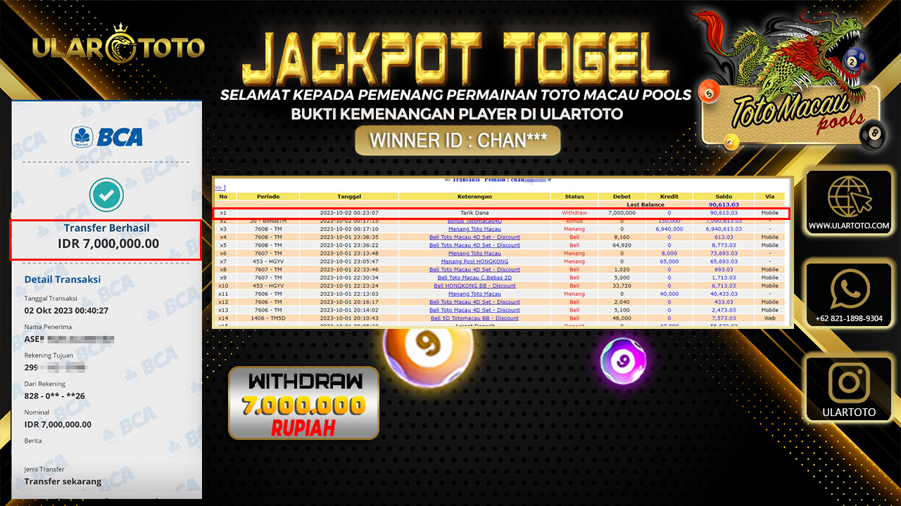 BUKTI PEMBAYARAN ULARTOTO TOTO MACAU POOLS 2 OKTOBER 2023 Rp. 7.000.000 - LUNAS