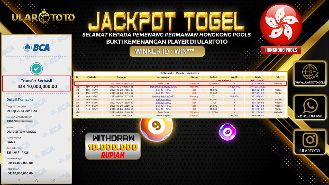 BUKTI PEMBAYARAN ULARTOTO HONGKONG POOLS 29 SEPTEMBER 2023 Rp. 10.000.000 - LUNAS