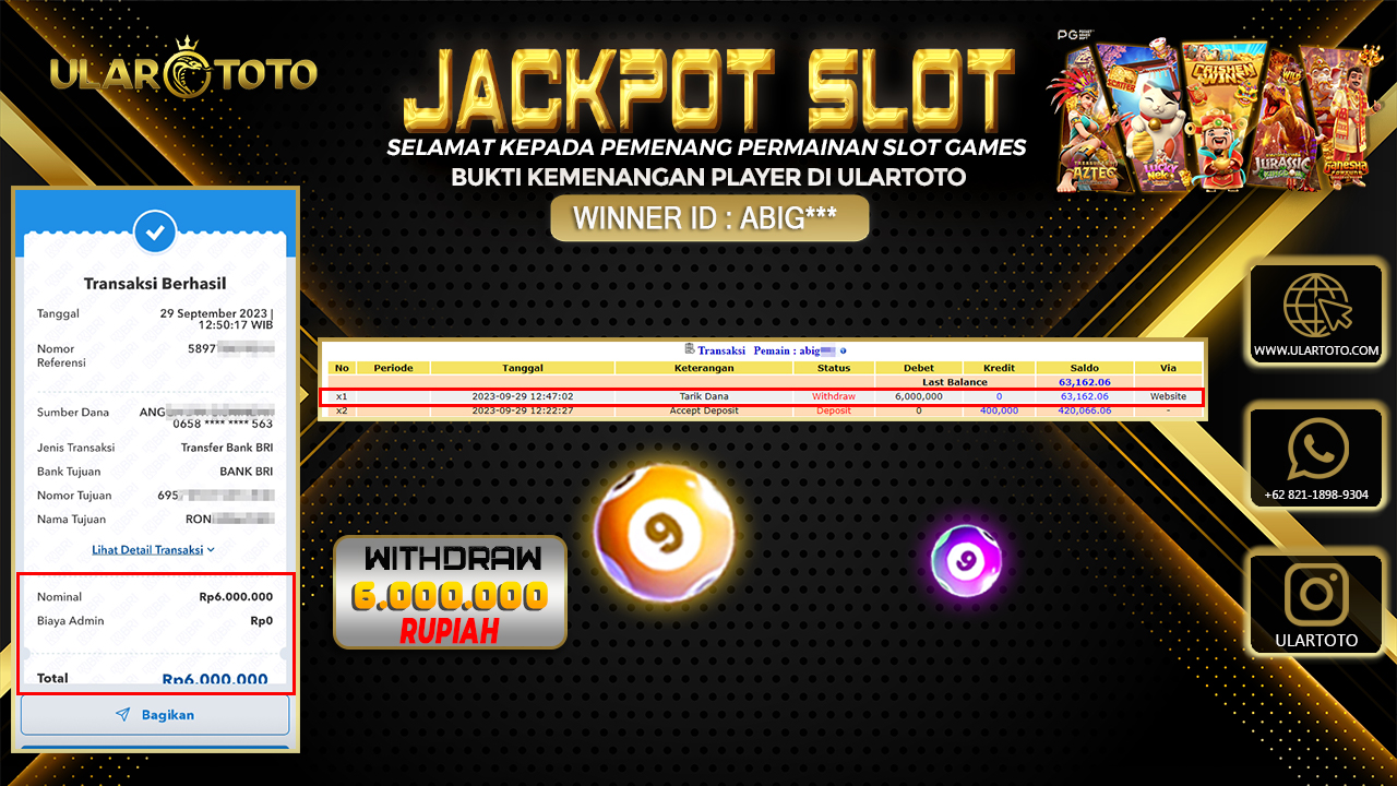 BUKTI PEMBAYARAN ULARTOTO HARI INI SLOT GAMES 29 SEPTEMBER 2023 Rp. 6.000.000, - LUNAS