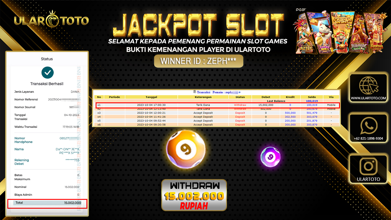 BUKTI PEMBAYARAN ULARTOTO HARI INI SLOT GAMES 4 OKTOBER 2023 Rp. 15.002.000, - LUNAS
