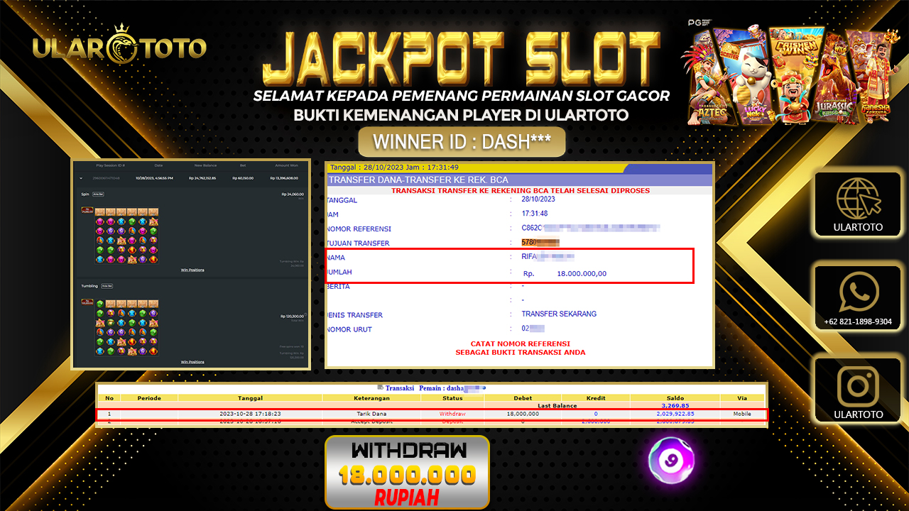 BUKTI PEMBAYARAN ULARTOTO HARI INI SLOT GAMES 28 OKTOBER 2023 Rp. 18.000.000, - LUNAS