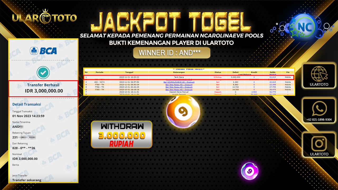 BUKTI PEMBAYARAN ULARTOTO NCAROLINAEVE POOLS 1 NOVEMBER 2023 Rp. 3.000.000 - LUNAS