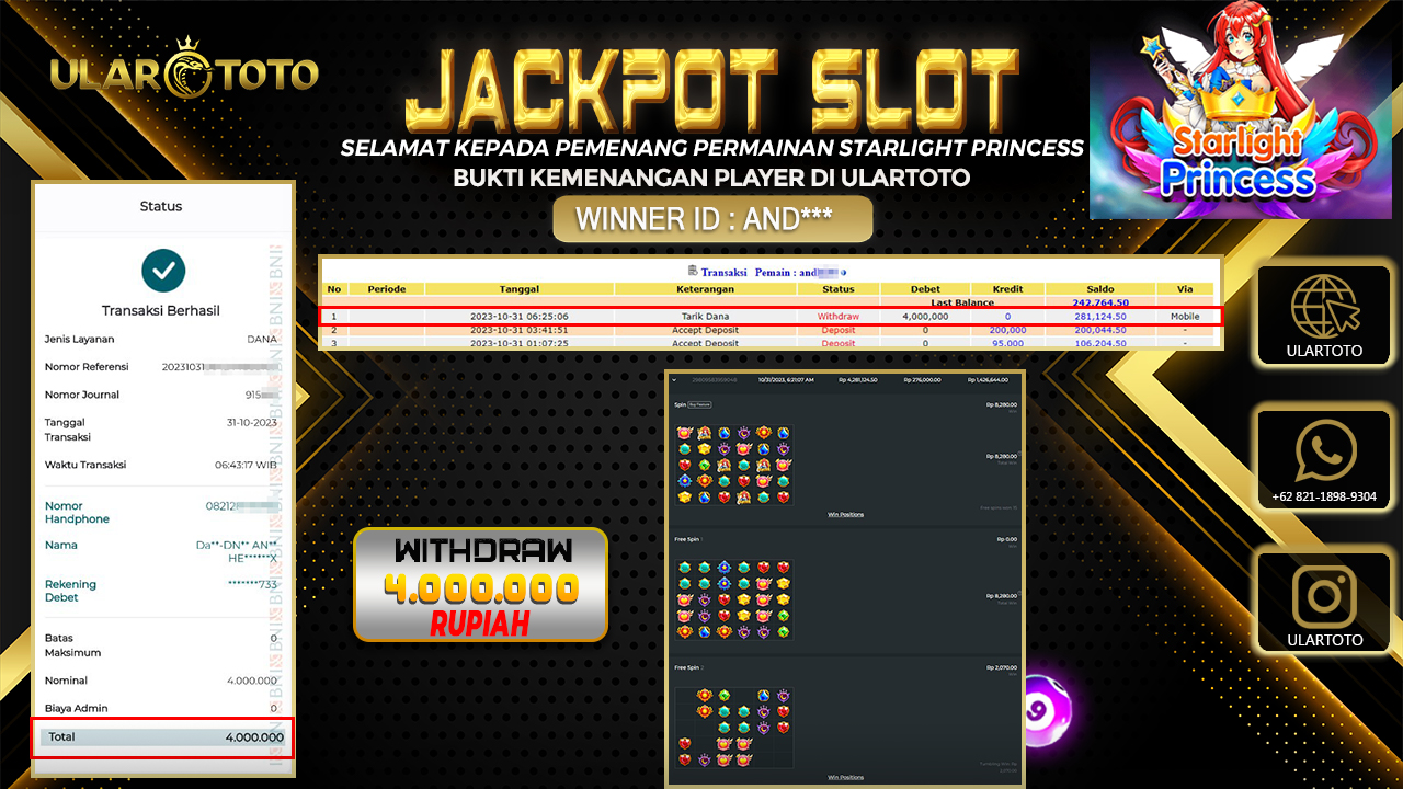 BUKTI PEMBAYARAN ULARTOTO HARI INI SLOT GAMES 31 OKTOBER 2023 Rp. 4.000.000, - LUNAS