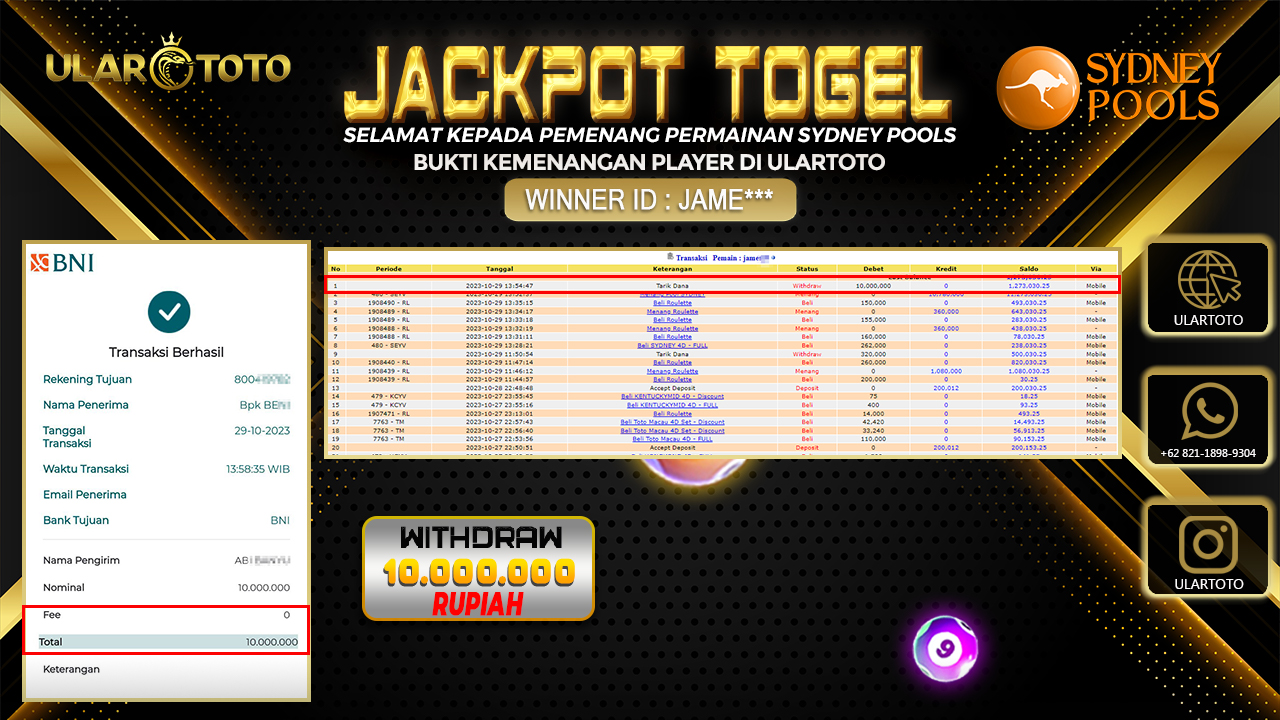 BUKTI PEMBAYARAN ULARTOTO SYDNEY POOLS 30 OKTOBER 2023 Rp. 10.000.000 - LUNAS
