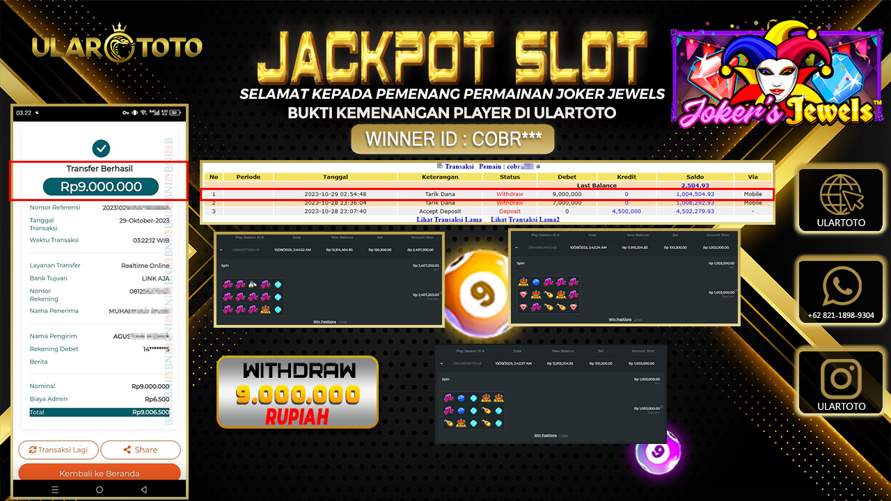 BUKTI PEMBAYARAN ULARTOTO HARI INI SLOT GAMES 30 OKTOBER 2023 Rp. 9.000.000, - LUNAS