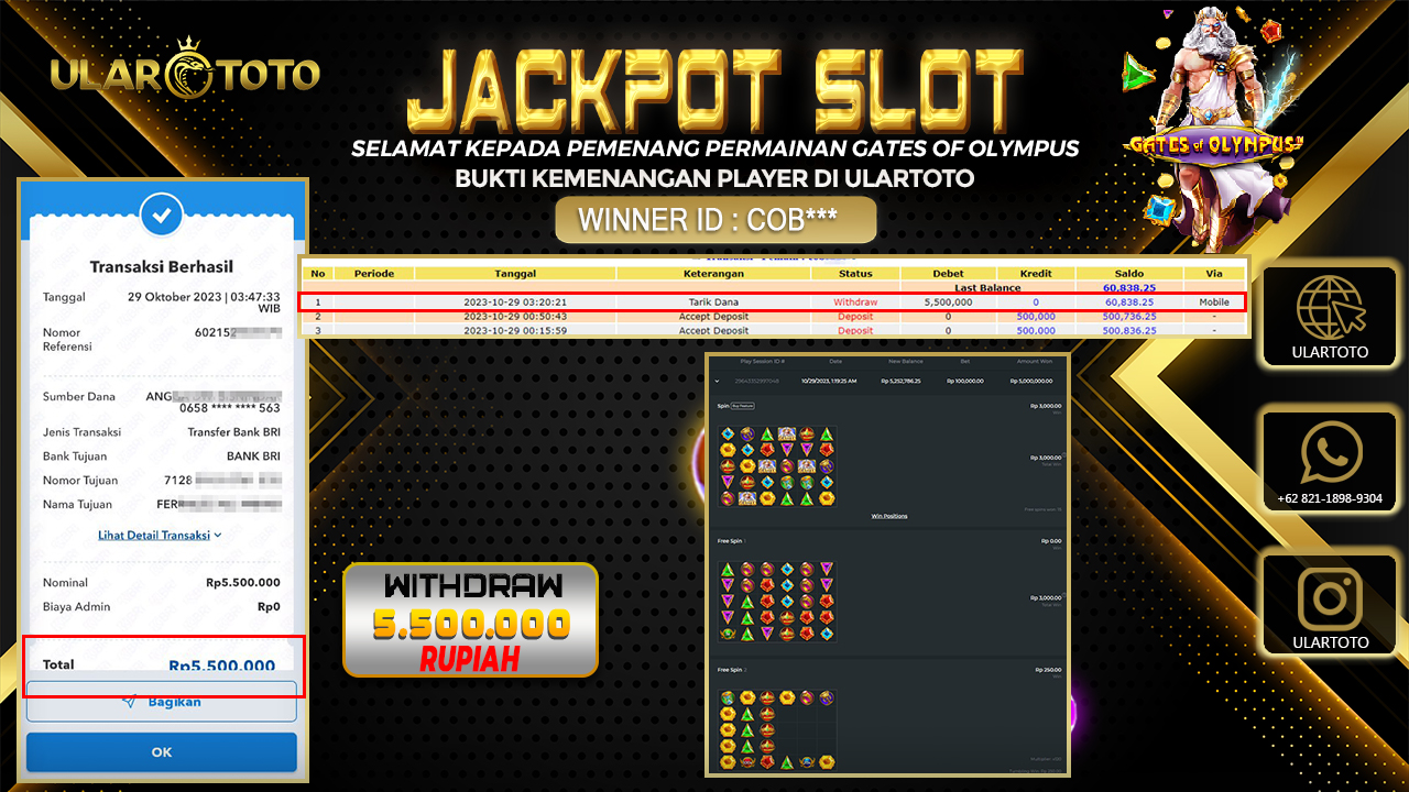 BUKTI PEMBAYARAN ULARTOTO HARI INI SLOT GAMES 30 OKTOBER 2023 Rp. 5.500.000, - LUNAS