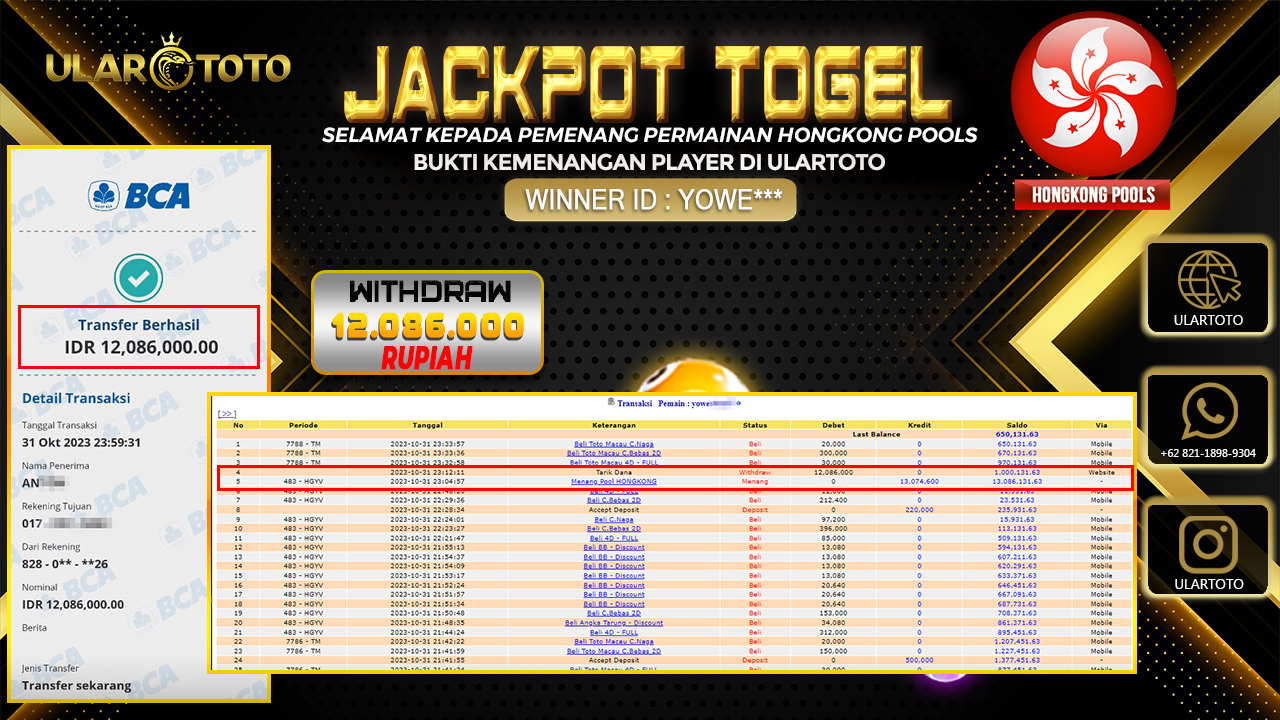 BUKTI PEMBAYARAN ULARTOTO HONGKONG POOLS 1 NOVEMBER 2023 Rp. 12.086.000 - LUNAS