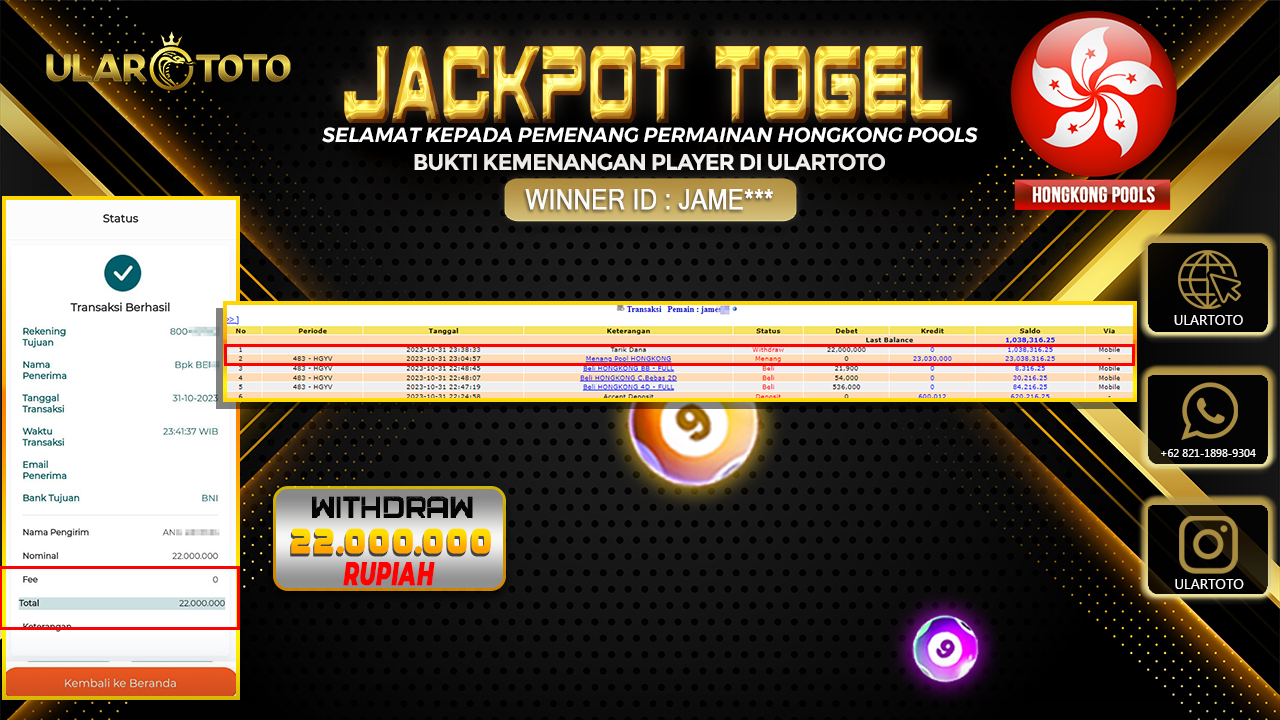 BUKTI PEMBAYARAN ULARTOTO HONGKONG POOLS 1 NOVEMBER 2023 Rp. 22.000.000 - LUNAS