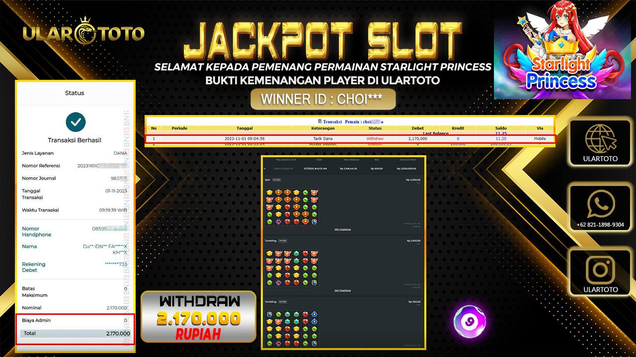 BUKTI PEMBAYARAN ULARTOTO HARI INI SLOT GAMES 1 NOVEMBER 2023 Rp. 2.170.000, - LUNAS