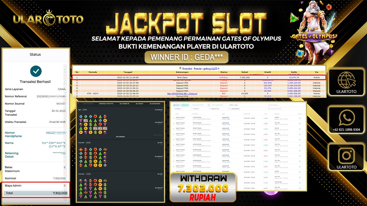 BUKTI PEMBAYARAN ULARTOTO HARI INI SLOT GAMES 31 OKTOBER 2023 Rp. 7.302.000, - LUNAS