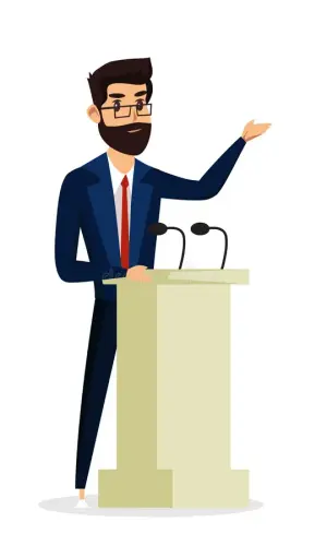 business conference flat vector illustration speaker stage cartoon character scientific presentation.webp