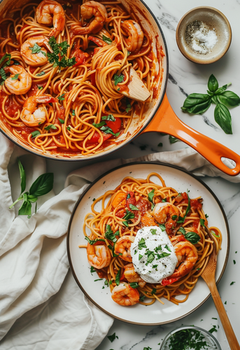 dterox A bowl of spaghetti with shrimp and tomato sauce sits e5094860 2a47 4cfa a68b 38641fdec150 1.png