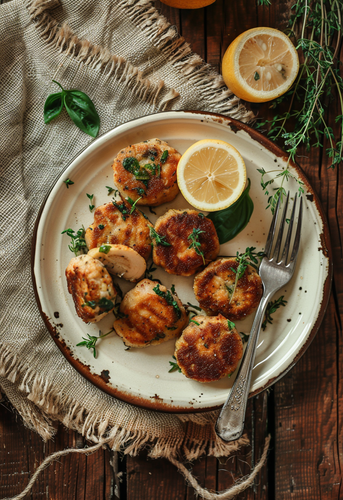 dterox A plate of sauted chicken and fish cakes on burlap vie 2004b2cf 251f 48d8 bd04 e3fdbd9ae116 1.png