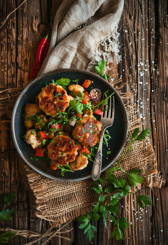 dterox A plate of sauted chicken and fish cakes on burlap vie 2004b2cf 251f 48d8 bd04 e3fdbd9ae116 2.png
