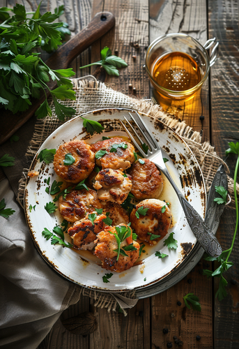 dterox A plate of sauted chicken and fish cakes on burlap vie 2004b2cf 251f 48d8 bd04 e3fdbd9ae116 3.png