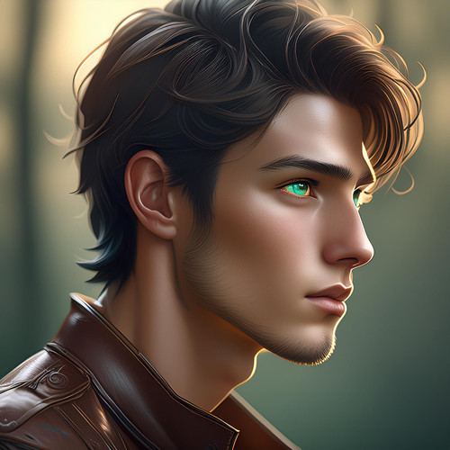 Firefly a side profile of a young man in his twenties who has dark brown hair, sea green eyes, a cro.jpg