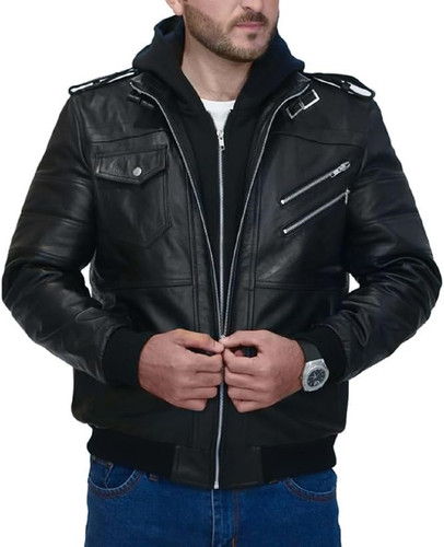 Men's Cowhide Leather Jacket with Removable Hood Casual Style Black Motorcycle Jacket 0.jpg