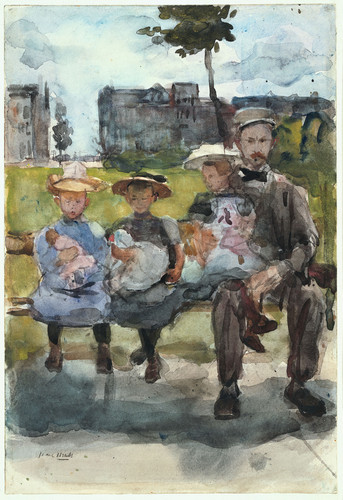 Israels, Isaac Человек с тремя девочками на скамье в городе Амстердам, 1919, 448 mm х 302 mm, Рисуно