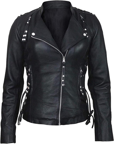 Womens Café Racer Brando Style Black Leather Biker Jacket 0.jpg