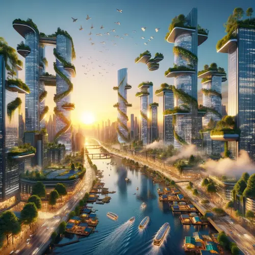 DALL·E 2024 04 07 16.46.43 Envision a revolutionary cityscape at dawn, where the blend of nature and.webp