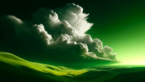 DALL·E 2024 04 10 20.46.19 Create a dramatic landscape featuring a vibrant green sky and contrasting.webp