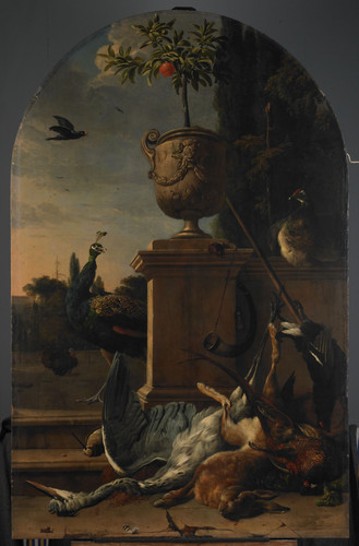 Hondecoeter, Melchior d' Охотничьи трофеи на земле, 1695, 215 cm х 134 cm, Холст, масло