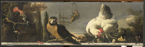 Hondecoeter, Melchior d' Птицы на перилах, 1695, 51 cm x 163 cm, Холст, масло