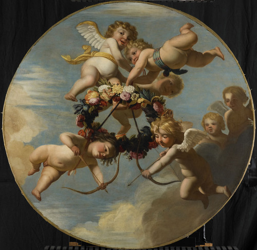 Honthorst, Gerard van (мастерская) Путти с цветочным венком, 1650, диаметр 133,2 cm, Холст, масло