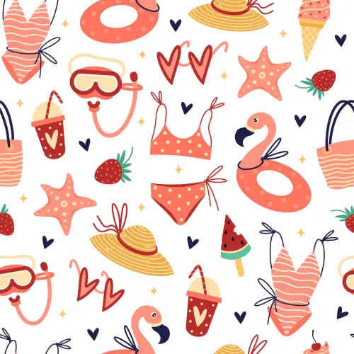 beach holiday clothes and accessories seamless pattern attributes of summer vacation female swimsuit.webp