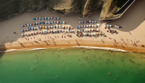Firefly a hyper realistic aerial view of a perfect crowded beach from above, the beach line must be .jpg