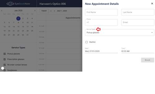 New Appointment Details service types